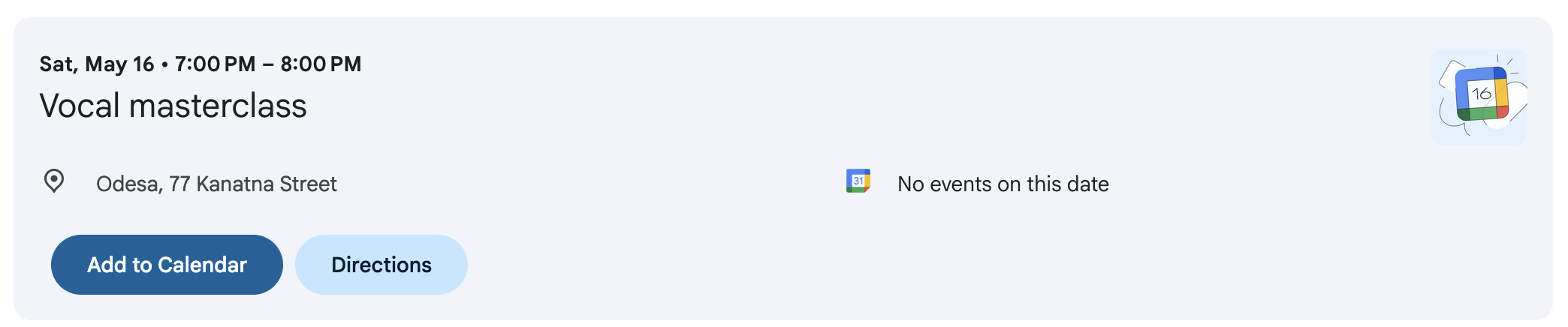 How an event looks in Google Calendar after opening an ICS file