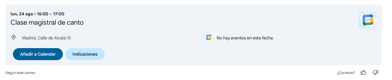 C&oacute;mo se ve el evento en el Calendario de Google tras abrir el archivo ICS