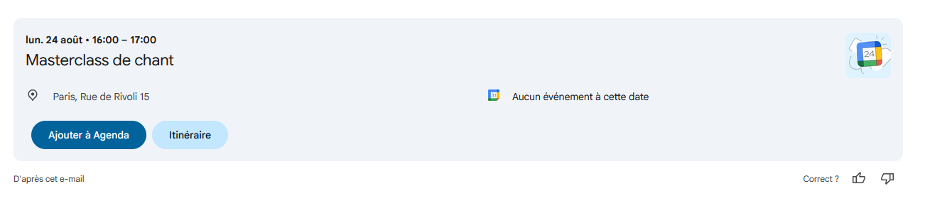 &Agrave; quoi ressemble l'&eacute;v&eacute;nement dans le Calendrier Google apr&egrave;s l'ouverture du fichier ICS