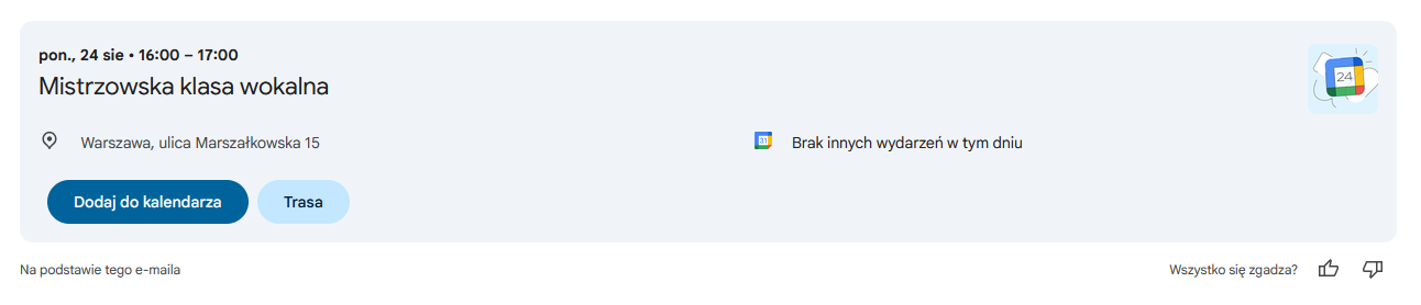 Jak wygląda wydarzenie w Kalendarzu Google po otwarciu pliku ICS
