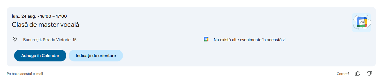 Cum arată un eveniment &icirc;n Google Calendar după deschiderea fișierului ICS