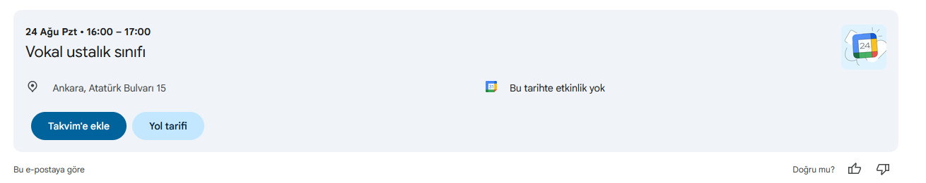 ICS dosyası a&ccedil;ıldıktan sonra bir etkinliğin Google Takvim'de nasıl g&ouml;r&uuml;nd&uuml;ğ&uuml;